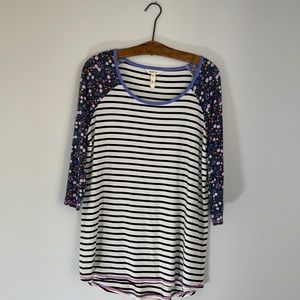 Matilda Jane Navy & Cream Striped Too with Floral Print Sleeves Size XL